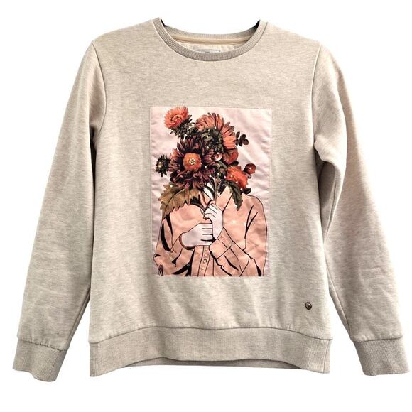 Monte Carlo Love Tops - Women’s Sweatshirt M Beige Crewneck Floral Graphic Cozy Casual Streetwear Artsy